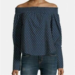 Derek Lam 10 Crosby Navy Clip Dot Off the Shoulder Top
